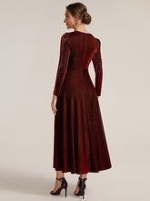 Load image into Gallery viewer, Burgundy | Wholesale Pricing Long Sleeve High Stretch A-Line Tea Length Knot Detail Wedding Guest Dresses