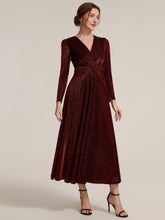 Load image into Gallery viewer, Burgundy | Wholesale Pricing Long Sleeve High Stretch A-Line Tea Length Knot Detail Wedding Guest Dresses