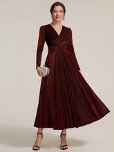 Load image into Gallery viewer, Burgundy | Wholesale Pricing Long Sleeve High Stretch A-Line Tea Length Knot Detail Wedding Guest Dresses