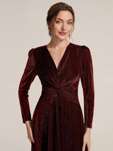 Load image into Gallery viewer, Burgundy | Wholesale Pricing Long Sleeve High Stretch A-Line Tea Length Knot Detail Wedding Guest Dresses