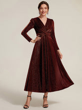 Load image into Gallery viewer, Burgundy | Wholesale Pricing Long Sleeve High Stretch A-Line Tea Length Knot Detail Wedding Guest Dresses
