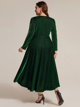 Load image into Gallery viewer, Dark Green | Wholesale Pricing Long Sleeve High Stretch A-Line Tea Length Knot Detail Wedding Guest Dresses