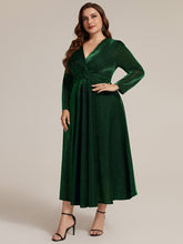 Load image into Gallery viewer, Dark Green | Wholesale Pricing Long Sleeve High Stretch A-Line Tea Length Knot Detail Wedding Guest Dresses