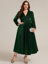 Load image into Gallery viewer, Dark Green | Wholesale Pricing Long Sleeve High Stretch A-Line Tea Length Knot Detail Wedding Guest Dresses