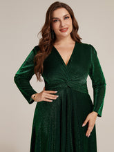 Load image into Gallery viewer, Dark Green | Wholesale Pricing Long Sleeve High Stretch A-Line Tea Length Knot Detail Wedding Guest Dresses