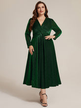 Load image into Gallery viewer, Dark Green | Wholesale Pricing Long Sleeve High Stretch A-Line Tea Length Knot Detail Wedding Guest Dresses
