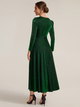 Load image into Gallery viewer, Burgundy | Wholesale Pricing Long Sleeve High Stretch A-Line Tea Length Knot Detail Wedding Guest Dresses