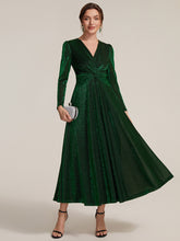 Load image into Gallery viewer, Dark Green | Wholesale Pricing Long Sleeve High Stretch A-Line Tea Length Knot Detail Wedding Guest Dresses