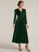 Load image into Gallery viewer, Dark Green | Wholesale Pricing Long Sleeve High Stretch A-Line Tea Length Knot Detail Wedding Guest Dresses