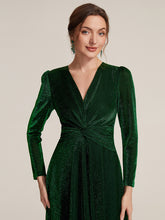 Load image into Gallery viewer, Dark Green | Wholesale Pricing Long Sleeve High Stretch A-Line Tea Length Knot Detail Wedding Guest Dresses