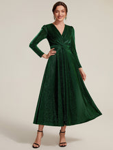 Load image into Gallery viewer, Burgundy | Wholesale Pricing Long Sleeve High Stretch A-Line Tea Length Knot Detail Wedding Guest Dresses