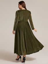 Load image into Gallery viewer, Gold | Wholesale Pricing Long Sleeve High Stretch A-Line Tea Length Knot Detail Wedding Guest Dresses