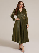 Load image into Gallery viewer, Gold | Wholesale Pricing Long Sleeve High Stretch A-Line Tea Length Knot Detail Wedding Guest Dresses