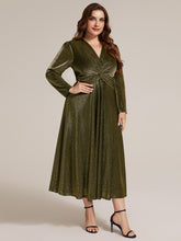 Load image into Gallery viewer, Gold | Wholesale Pricing Long Sleeve High Stretch A-Line Tea Length Knot Detail Wedding Guest Dresses