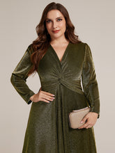 Load image into Gallery viewer, Gold | Wholesale Pricing Long Sleeve High Stretch A-Line Tea Length Knot Detail Wedding Guest Dresses