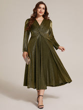 Load image into Gallery viewer, Gold | Wholesale Pricing Long Sleeve High Stretch A-Line Tea Length Knot Detail Wedding Guest Dresses