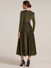 Load image into Gallery viewer, Dark Green | Wholesale Pricing Long Sleeve High Stretch A-Line Tea Length Knot Detail Wedding Guest Dresses