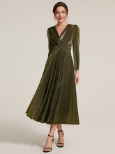 Load image into Gallery viewer, Dark Green | Wholesale Pricing Long Sleeve High Stretch A-Line Tea Length Knot Detail Wedding Guest Dresses