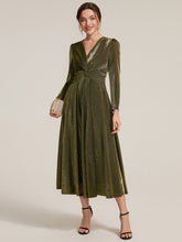 Load image into Gallery viewer, Dark Green | Wholesale Pricing Long Sleeve High Stretch A-Line Tea Length Knot Detail Wedding Guest Dresses