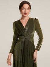 Load image into Gallery viewer, Gold | Wholesale Pricing Long Sleeve High Stretch A-Line Tea Length Knot Detail Wedding Guest Dresses