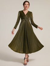 Load image into Gallery viewer, Dark Green | Wholesale Pricing Long Sleeve High Stretch A-Line Tea Length Knot Detail Wedding Guest Dresses