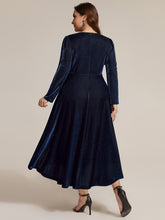 Load image into Gallery viewer, Navy Blue | Wholesale Pricing Long Sleeve High Stretch A-Line Tea Length Knot Detail Wedding Guest Dresses