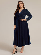 Load image into Gallery viewer, Navy Blue | Wholesale Pricing Long Sleeve High Stretch A-Line Tea Length Knot Detail Wedding Guest Dresses