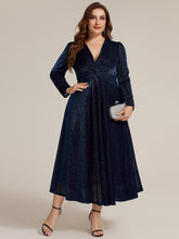 Load image into Gallery viewer, Navy Blue | Wholesale Pricing Long Sleeve High Stretch A-Line Tea Length Knot Detail Wedding Guest Dresses