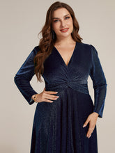 Load image into Gallery viewer, Navy Blue | Wholesale Pricing Long Sleeve High Stretch A-Line Tea Length Knot Detail Wedding Guest Dresses