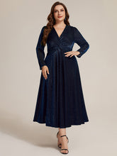 Load image into Gallery viewer, Gold | Wholesale Pricing Long Sleeve High Stretch A-Line Tea Length Knot Detail Wedding Guest Dresses