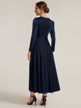 Load image into Gallery viewer, Gold | Wholesale Pricing Long Sleeve High Stretch A-Line Tea Length Knot Detail Wedding Guest Dresses