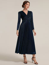 Load image into Gallery viewer, Gold | Wholesale Pricing Long Sleeve High Stretch A-Line Tea Length Knot Detail Wedding Guest Dresses