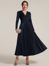 Load image into Gallery viewer, Gold | Wholesale Pricing Long Sleeve High Stretch A-Line Tea Length Knot Detail Wedding Guest Dresses
