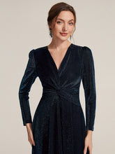 Load image into Gallery viewer, Gold | Wholesale Pricing Long Sleeve High Stretch A-Line Tea Length Knot Detail Wedding Guest Dresses