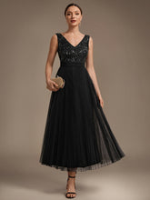 Load image into Gallery viewer, Black | Factory Design Plus Size Sleeveless Tulle V-Neck A-Line Sequin Lace Wedding Guest Dresses-Black