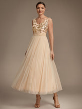 Load image into Gallery viewer, Gold | Factory Design Plus Size Sleeveless Tulle V-Neck A-Line Sequin Lace Wedding Guest Dresses-Gold