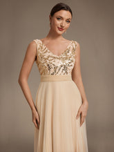 Load image into Gallery viewer, Gold | Factory Design Plus Size Sleeveless Tulle V-Neck A-Line Sequin Lace Wedding Guest Dresses-Gold