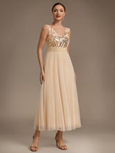 Load image into Gallery viewer, Gold | Factory Design Plus Size Sleeveless Tulle V-Neck A-Line Sequin Lace Wedding Guest Dresses-Gold