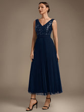 Load image into Gallery viewer, Navy Blue | Factory Design Plus Size Sleeveless Tulle V-Neck A-Line Sequin Lace Wedding Guest Dresses-Navy Blue