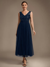 Load image into Gallery viewer, Navy Blue | Factory Design Plus Size Sleeveless Tulle V-Neck A-Line Sequin Lace Wedding Guest Dresses-Navy Blue