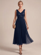 Load image into Gallery viewer, Navy Blue | Factory Design Plus Size Sleeveless Tulle V-Neck A-Line Sequin Lace Wedding Guest Dresses-Navy Blue