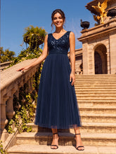 Load image into Gallery viewer, Navy Blue | Factory Design Plus Size Sleeveless Tulle V-Neck A-Line Sequin Lace Wedding Guest Dresses-Navy Blue