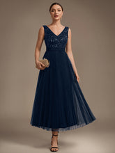 Load image into Gallery viewer, Navy Blue | Factory Design Plus Size Sleeveless Tulle V-Neck A-Line Sequin Lace Wedding Guest Dresses-Navy Blue