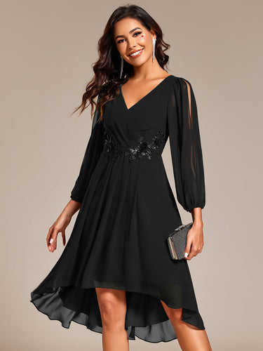 Color=Black | Elegant Lantern Sleeve Applique Empire Waist Midi-Length Chiffon Evening Dresses with Asymmetrical Hem-Black 1