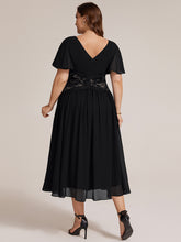 Load image into Gallery viewer, Black | Volume Discounts Short Sleeve Ruffle Lace Trim V-Neck A-Line Midi Wedding Guest Dresses