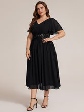 Load image into Gallery viewer, Black | Volume Discounts Short Sleeve Ruffle Lace Trim V-Neck A-Line Midi Wedding Guest Dresses
