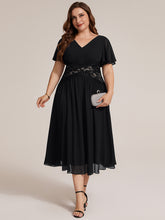 Load image into Gallery viewer, Black | Volume Discounts Short Sleeve Ruffle Lace Trim V-Neck A-Line Midi Wedding Guest Dresses