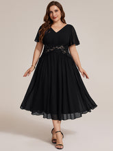 Load image into Gallery viewer, Black | Volume Discounts Short Sleeve Ruffle Lace Trim V-Neck A-Line Midi Wedding Guest Dresses
