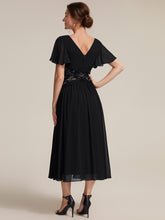 Load image into Gallery viewer, Black | Volume Discounts Short Sleeve Ruffle Lace Trim V-Neck A-Line Midi Wedding Guest Dresses