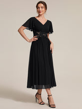 Load image into Gallery viewer, Black | Volume Discounts Short Sleeve Ruffle Lace Trim V-Neck A-Line Midi Wedding Guest Dresses